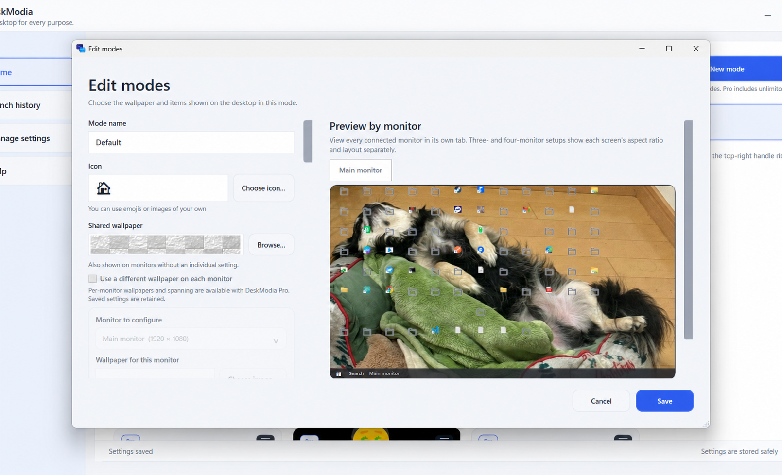 DeskModia Edit modes screen