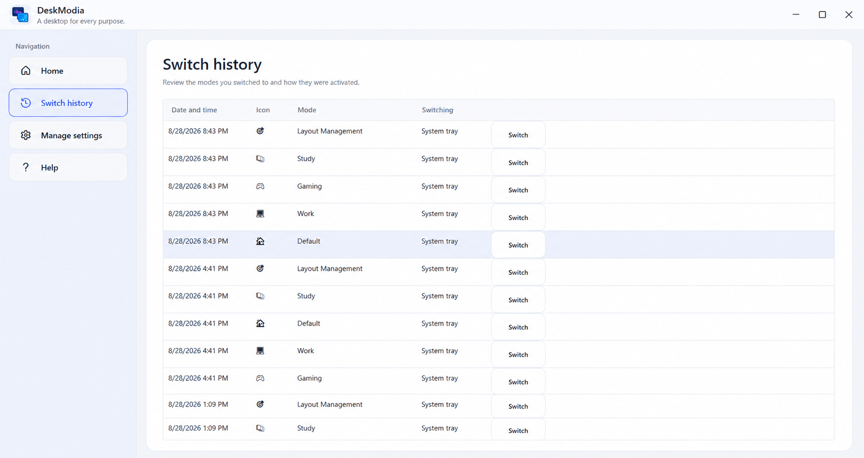 DeskModia Switch history screen