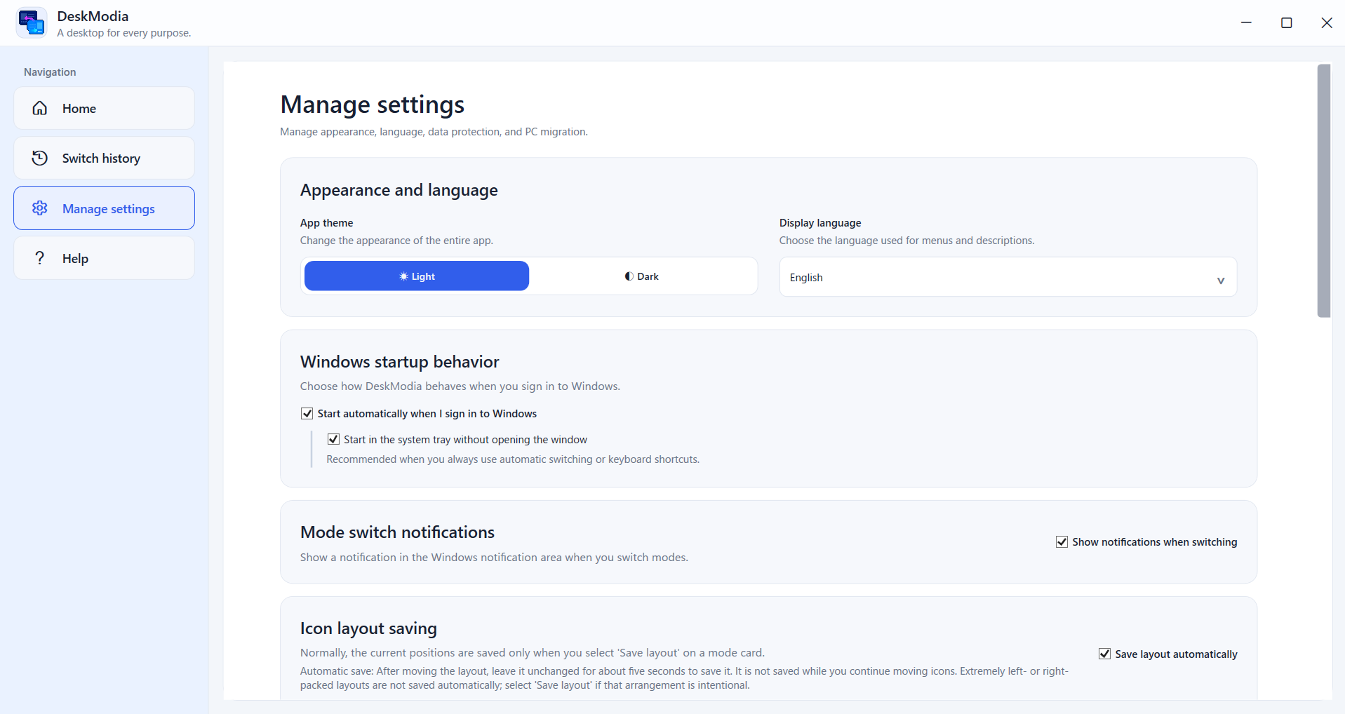 DeskModia Manage settings screen